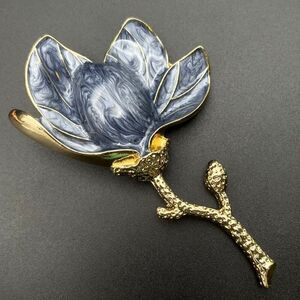 Yellow Gold with Gray Marble Enamel Magnolia Flower Pin Back Brooch